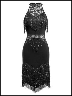 Rhinestone Fringe Latin Dance Dress Halter Sequin Tassel Flapper Ballroom
